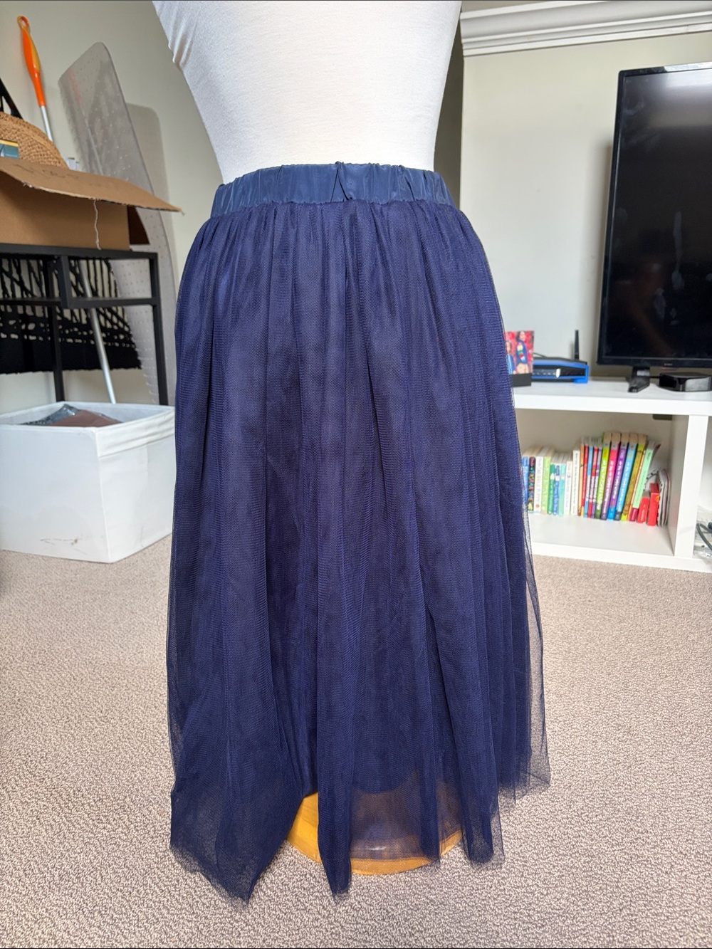 Women's Navy Tulle Midi Skirt - Elegant Gathered Silhouette